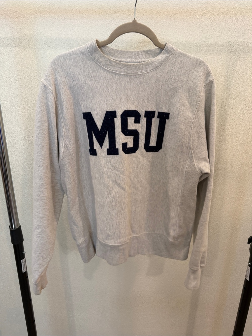 Champion Light Gray MSU Crewneck Sweatshirt with Navy Letters